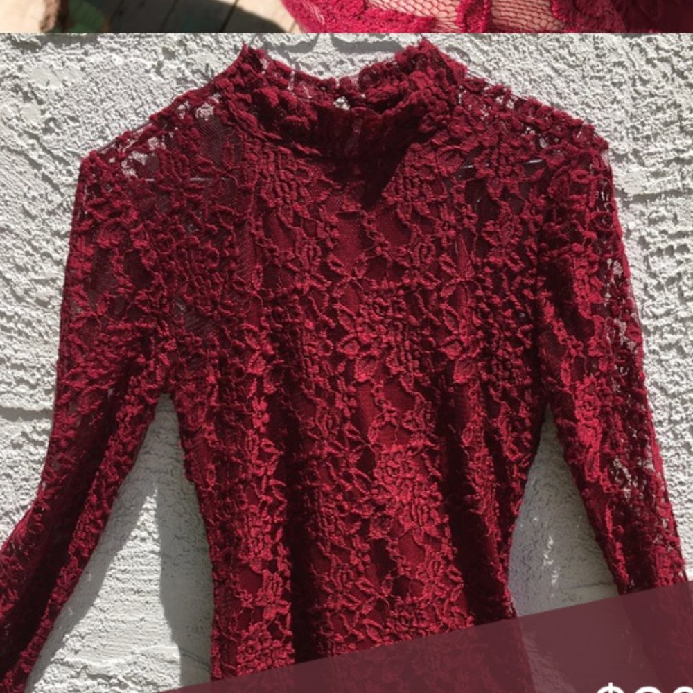 Ambiance Burgundy Keyhole Neck Lace Long Sleeved Shirt